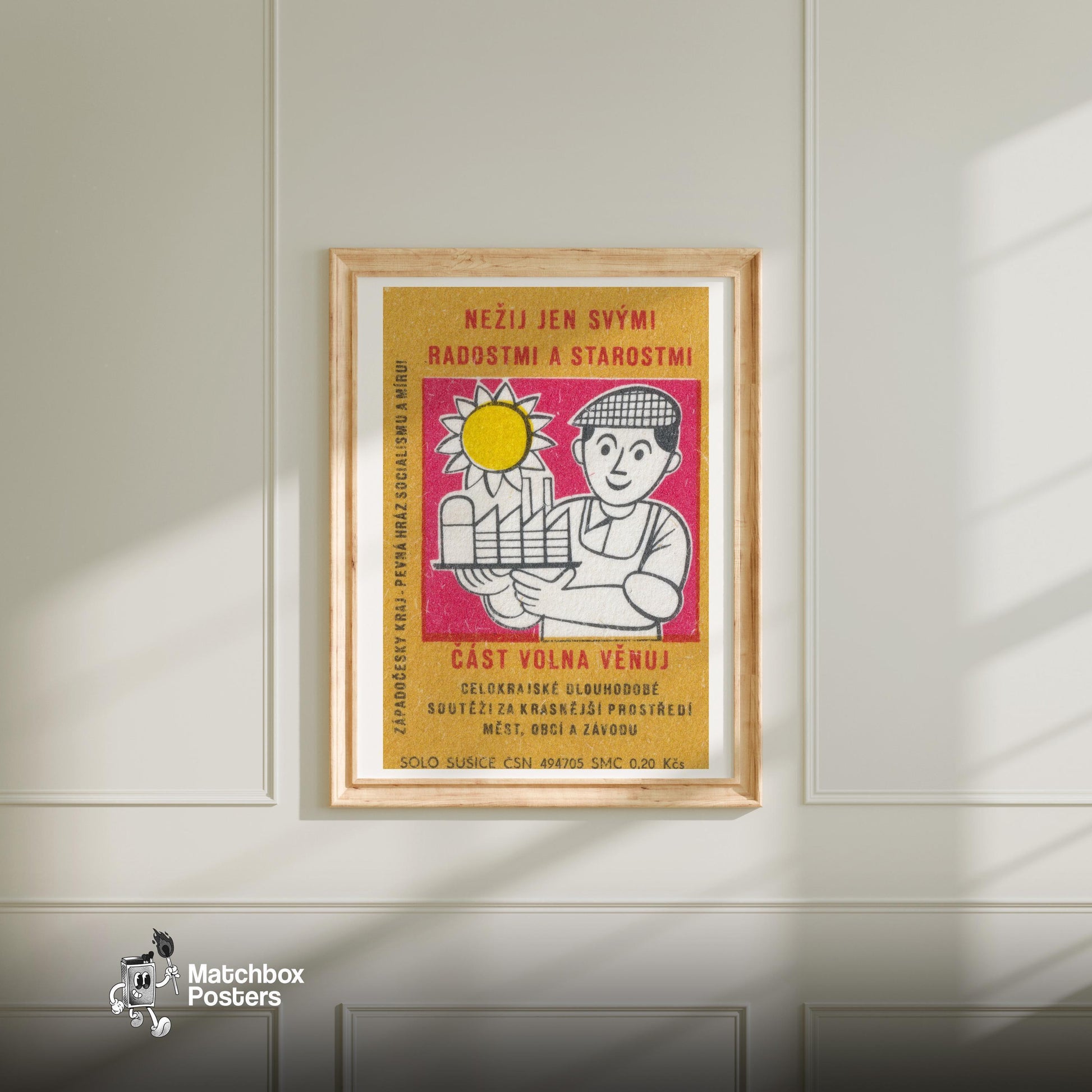 Smiling Worker - vintage matchbox label print - bedroom mockup