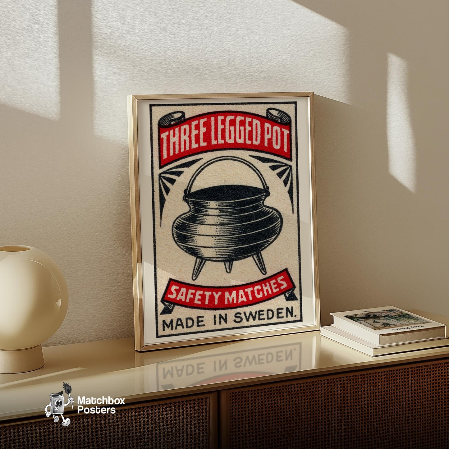 Three-Legged Pot - vintage matchbox label print - size comparison