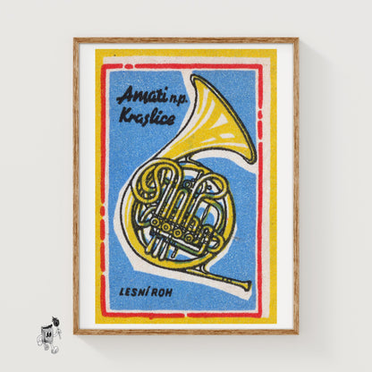 French Horn - vintage matchbox label print