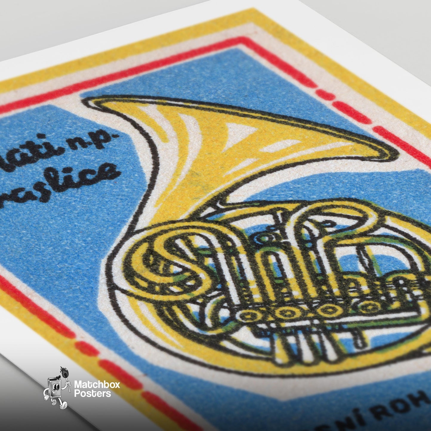 French Horn - vintage matchbox label print - close-up detail