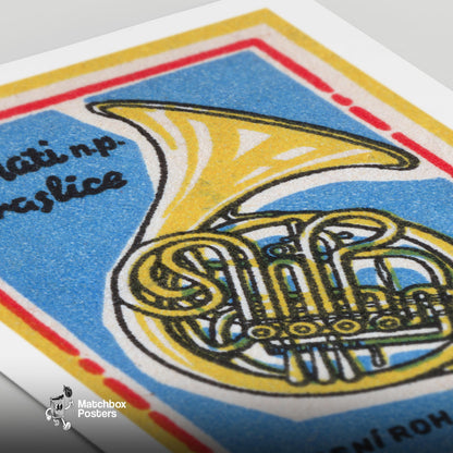 French Horn - vintage matchbox label print - close-up detail