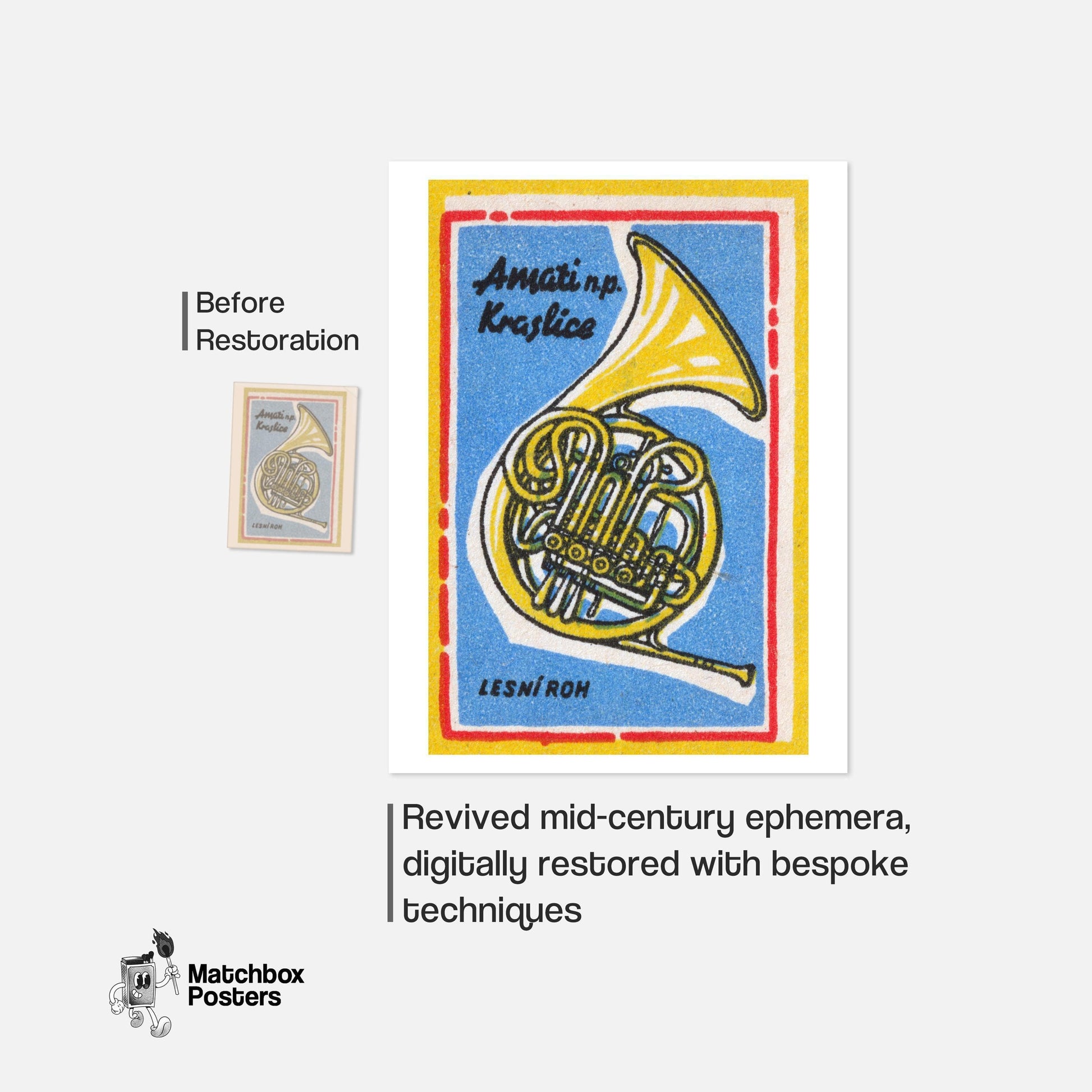 French Horn - vintage matchbox label print - framed wall art preview