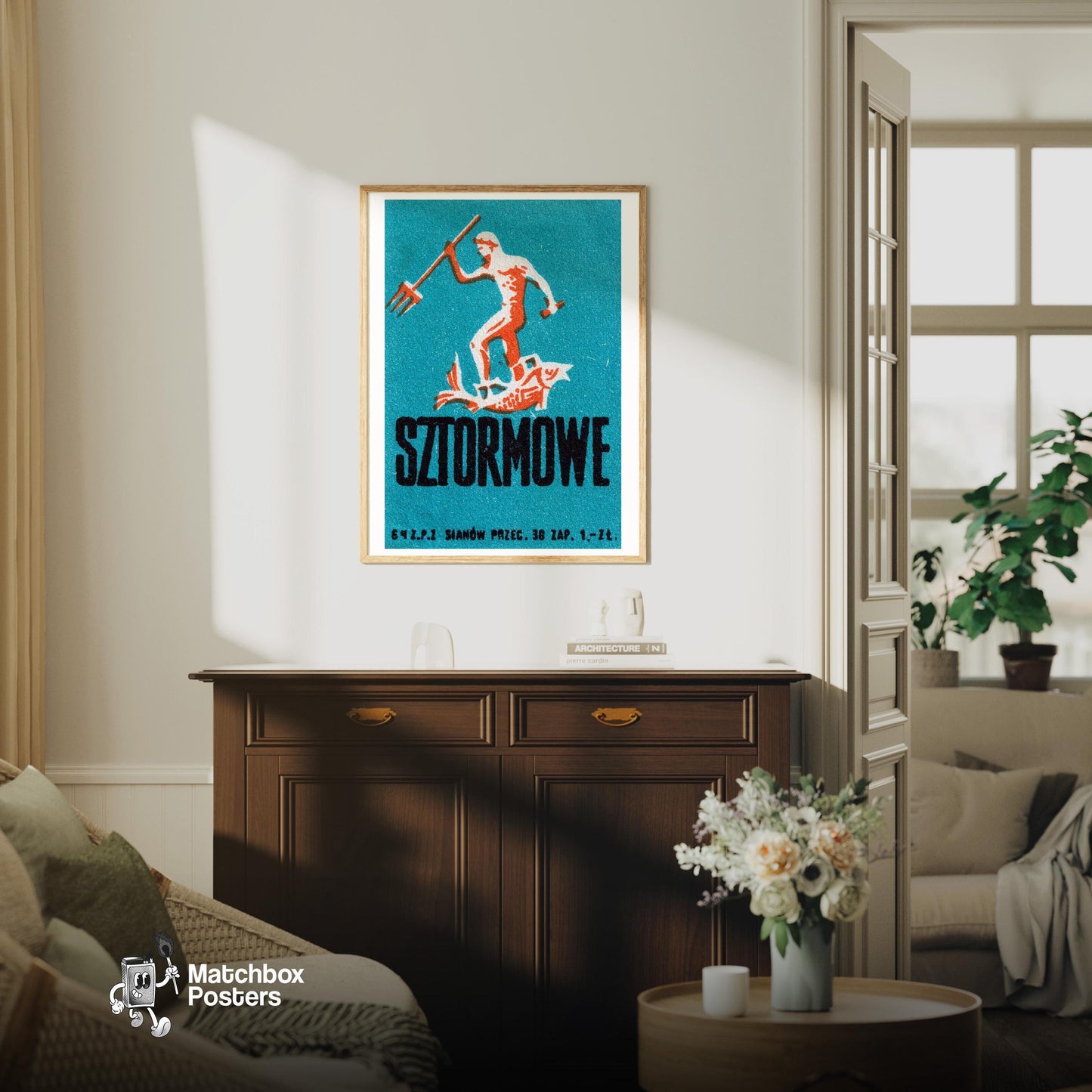 Poseidon - vintage matchbox label print - living room mockup
