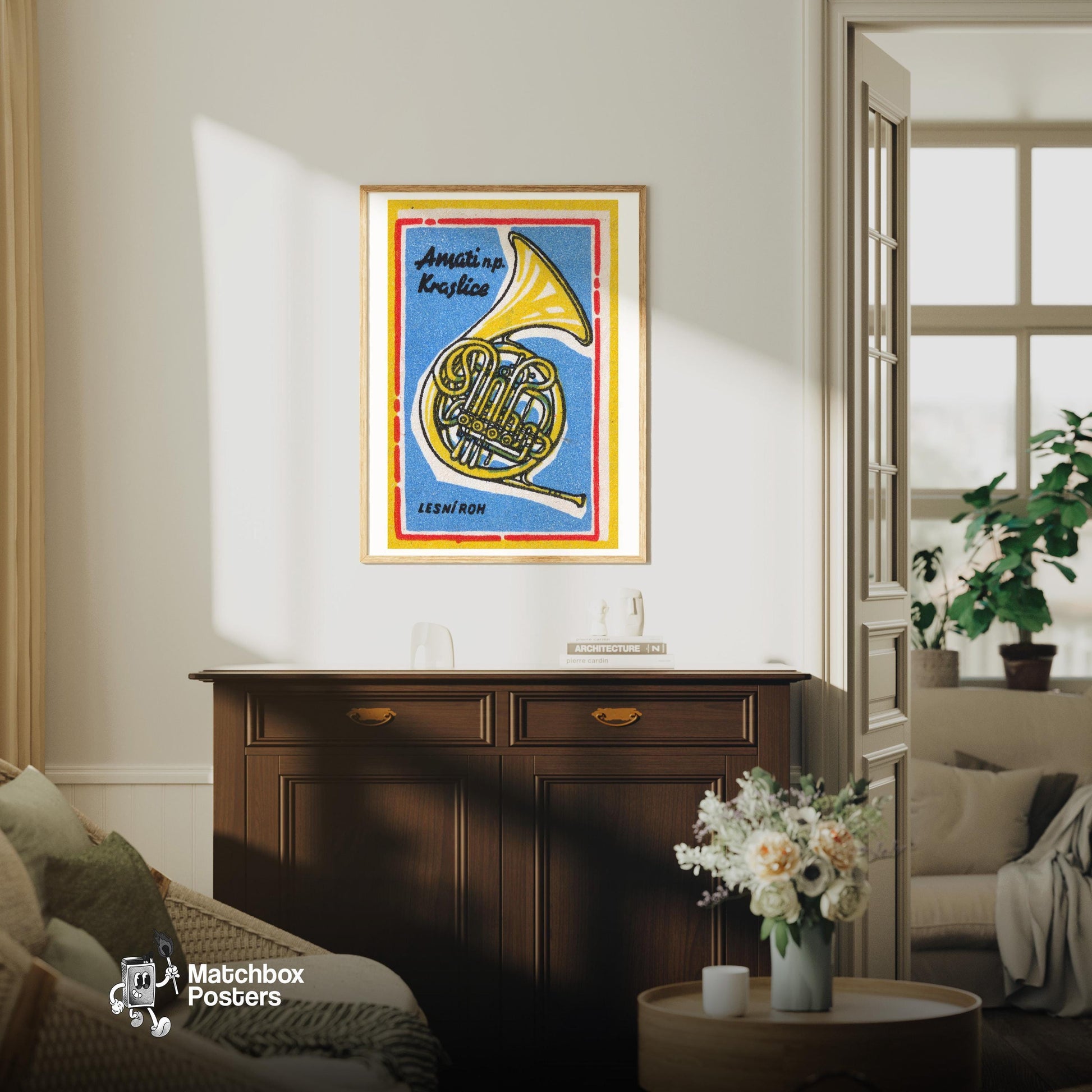 French Horn - vintage matchbox label print - living room mockup