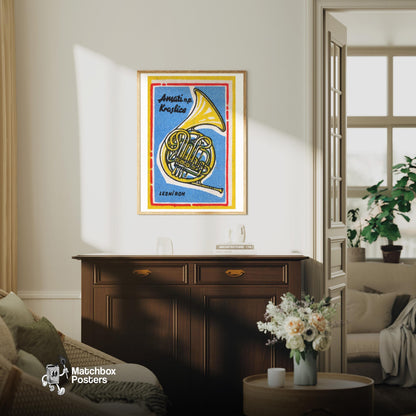 French Horn - vintage matchbox label print - living room mockup