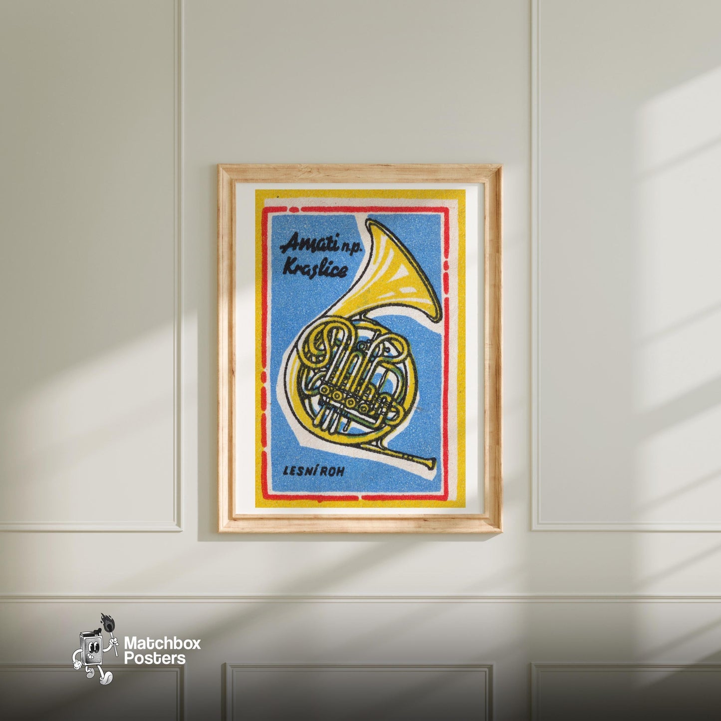 French Horn - vintage matchbox label print - bedroom mockup
