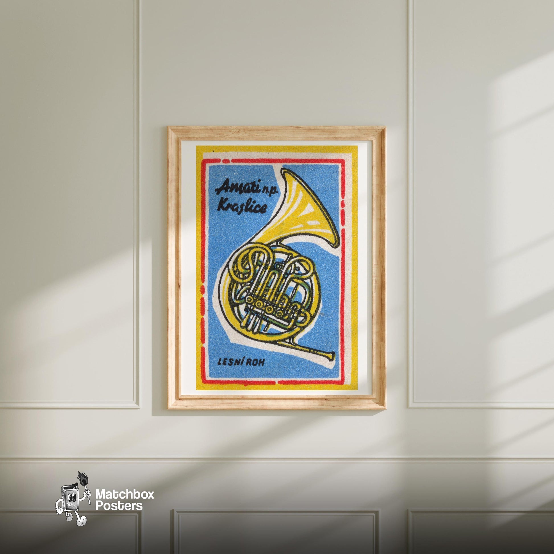 French Horn - vintage matchbox label print - bedroom mockup
