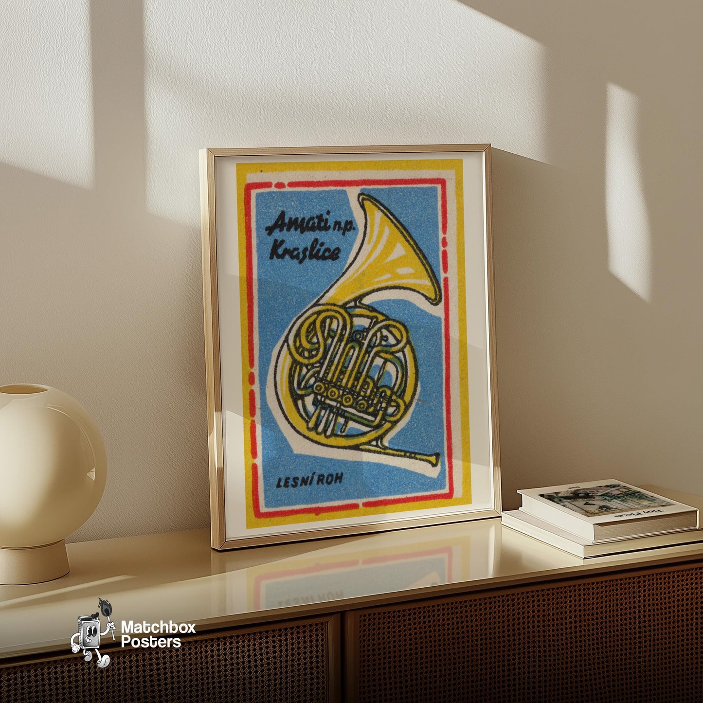French Horn - vintage matchbox label print - size comparison