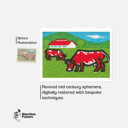 Two Red Cows Grazing - vintage matchbox label print - framed wall art preview