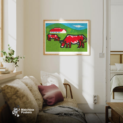Two Red Cows Grazing - vintage matchbox label print - living room mockup