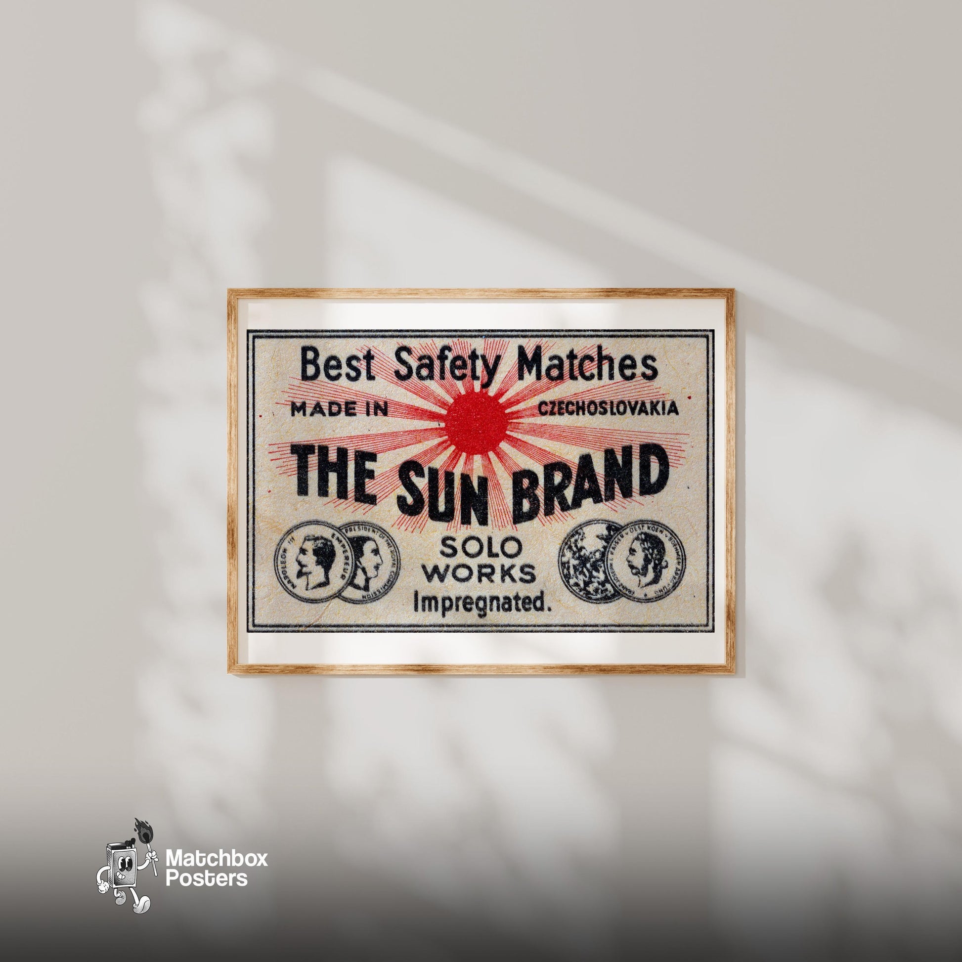 The Sun Brand - vintage matchbox label print - bedroom mockup