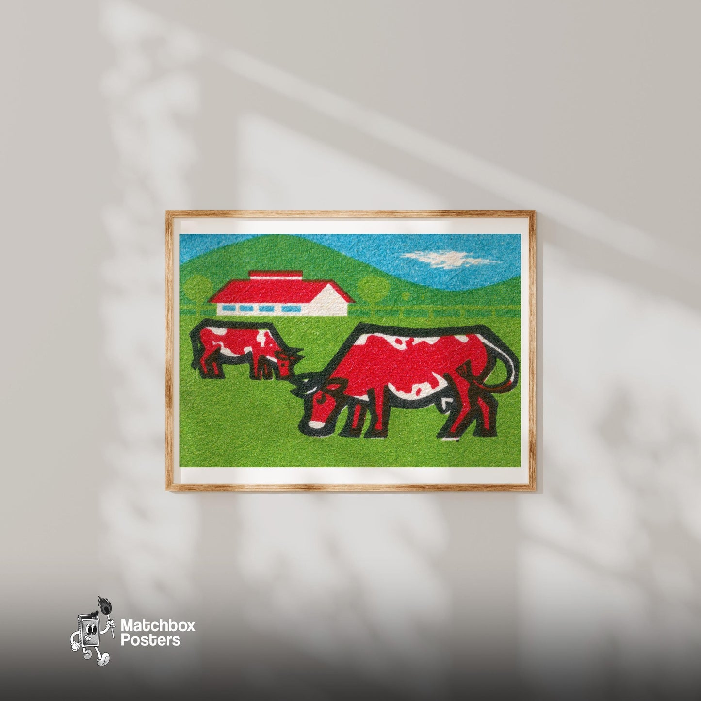 Two Red Cows Grazing - vintage matchbox label print - bedroom mockup