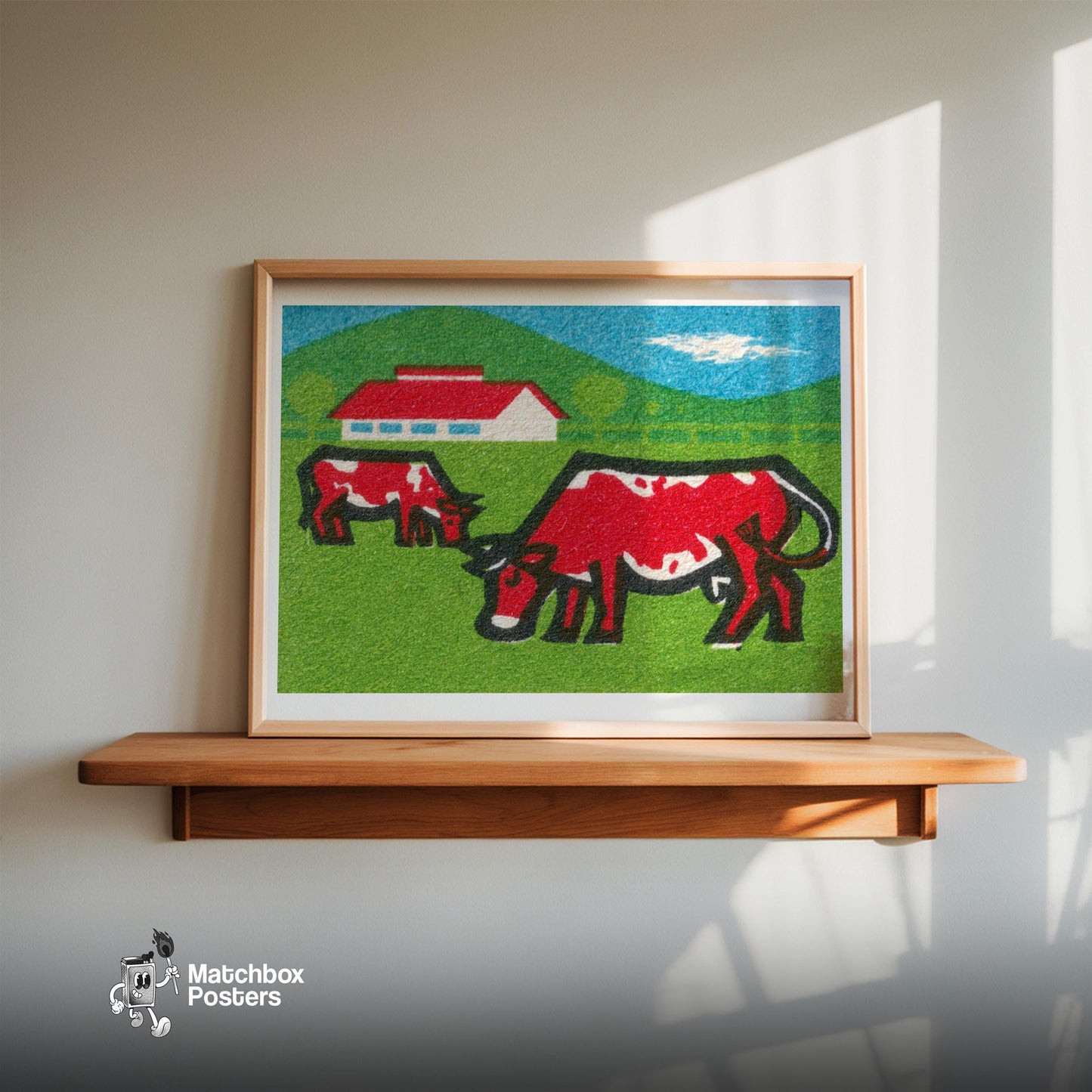 Two Red Cows Grazing - vintage matchbox label print - size comparison