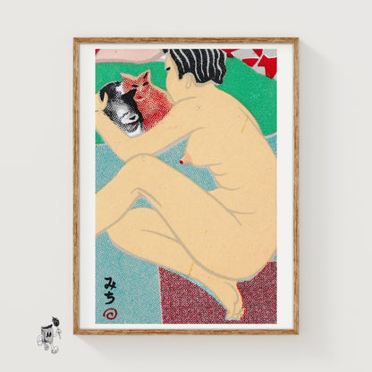 Nude Figure Holding Two Cats - vintage matchbox label print