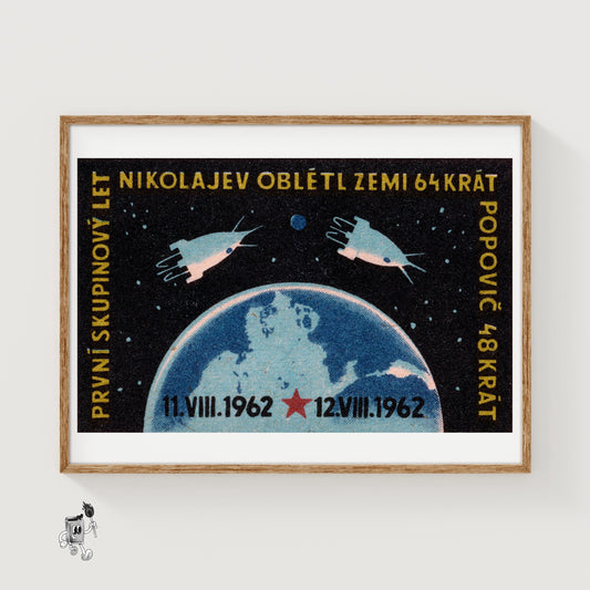 Spacecraft Orbiting Earth - vintage matchbox label print