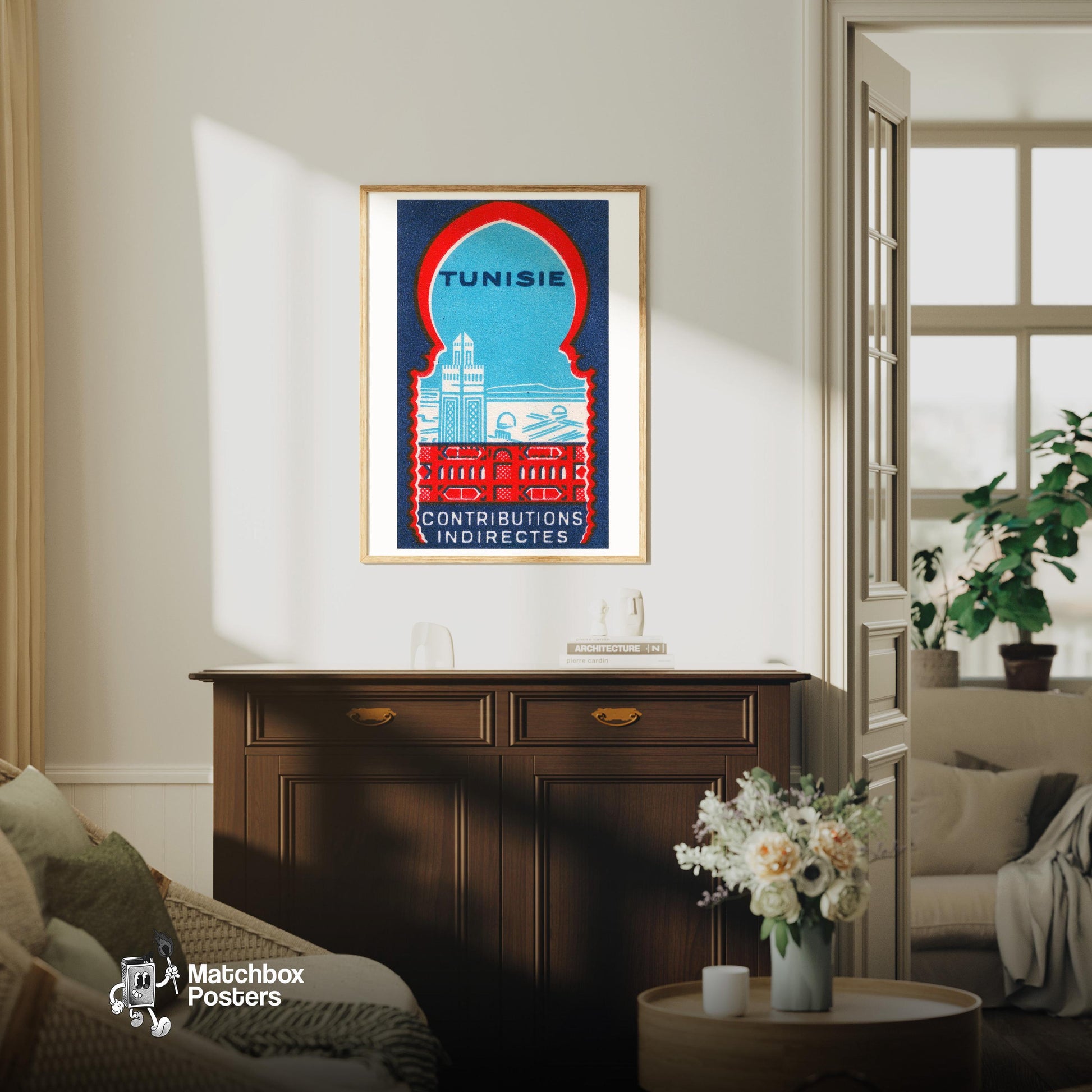 Tunisia - vintage matchbox label print - living room mockup
