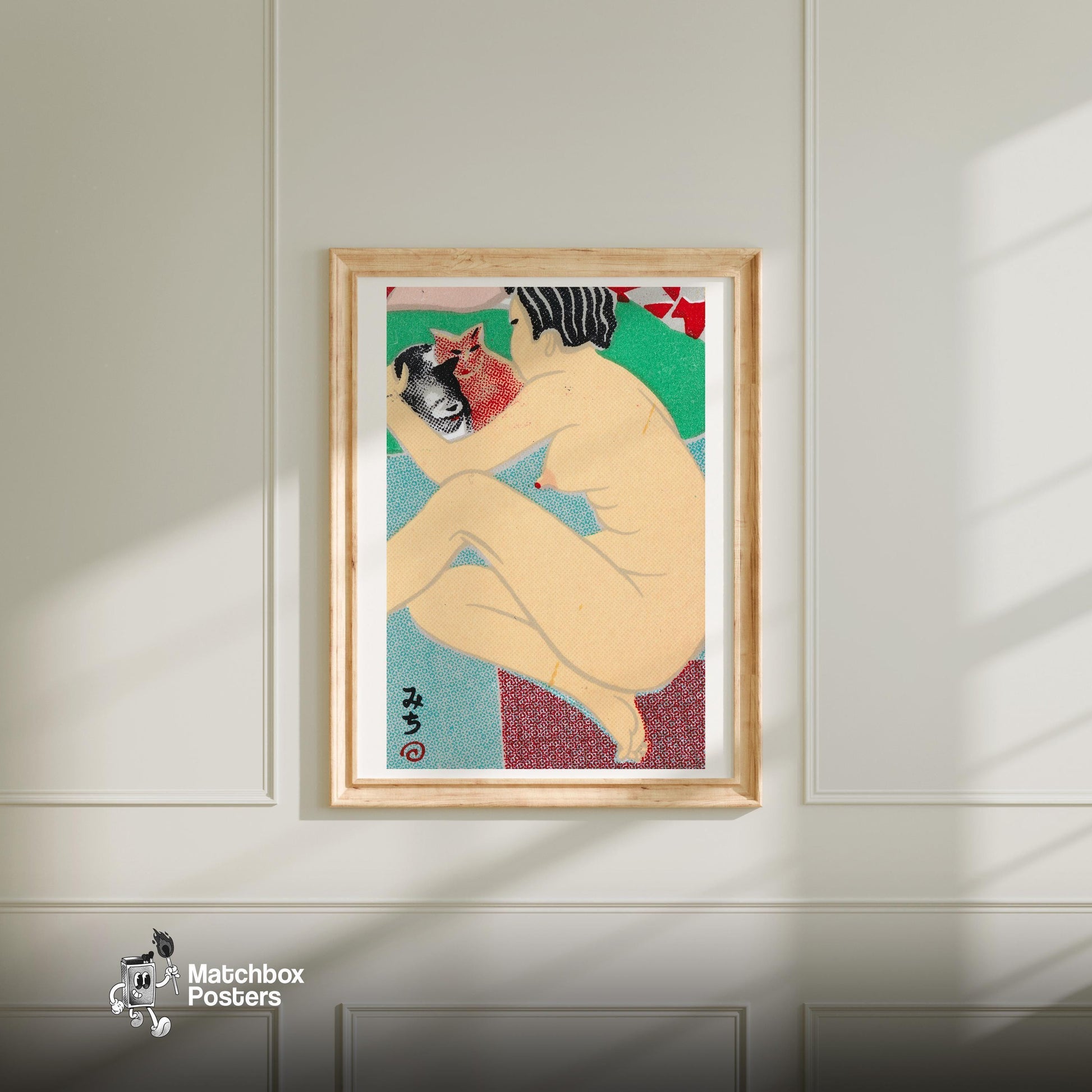 Nude Figure Holding Two Cats - vintage matchbox label print - bedroom mockup