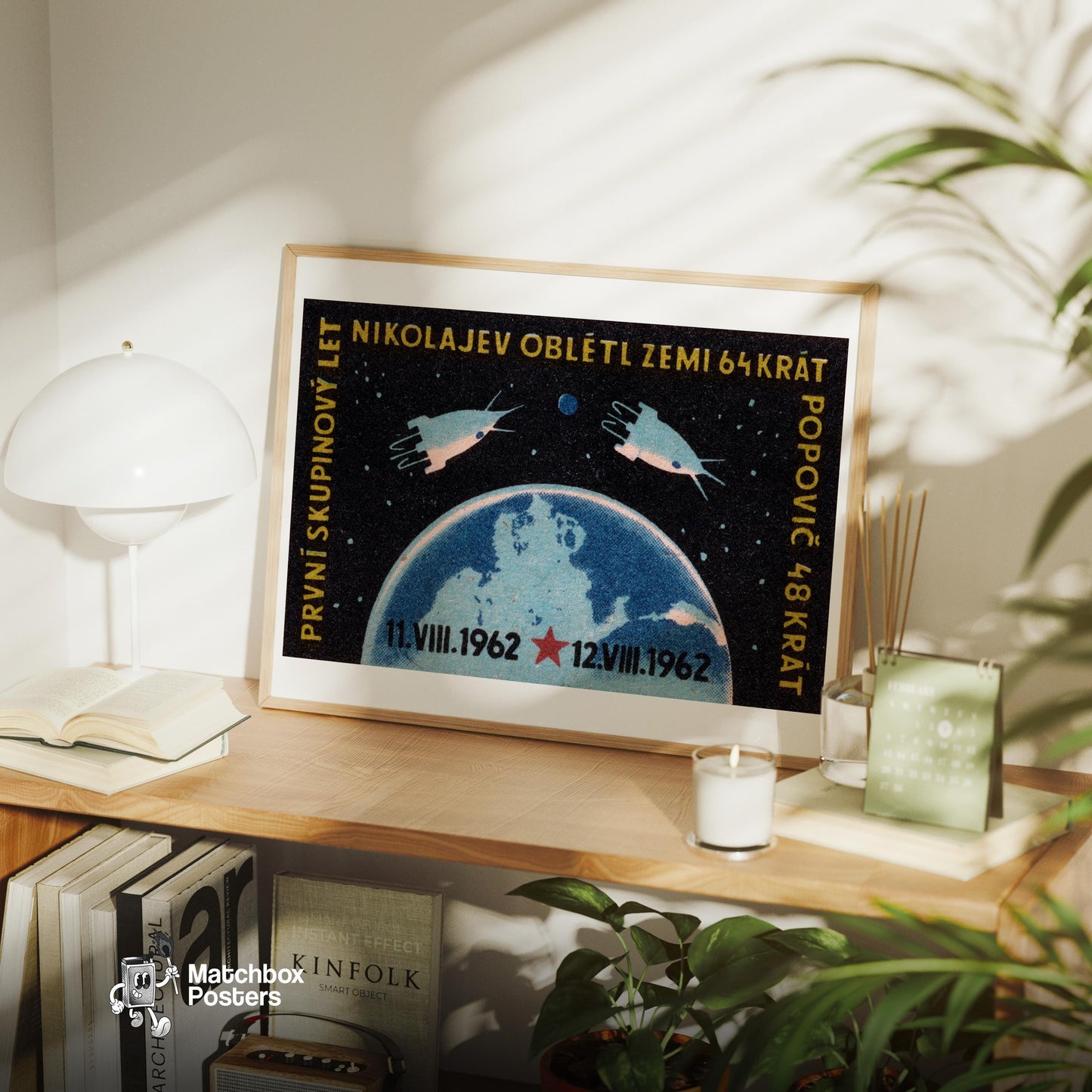 Spacecraft Orbiting Earth - vintage matchbox label print - office wall