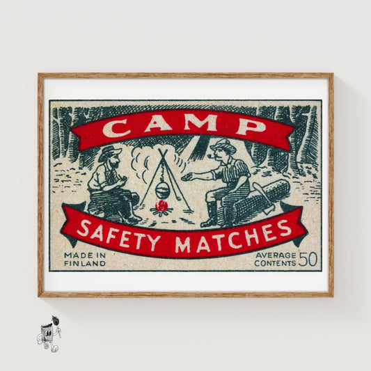 Two Campers by Fire - vintage matchbox label print