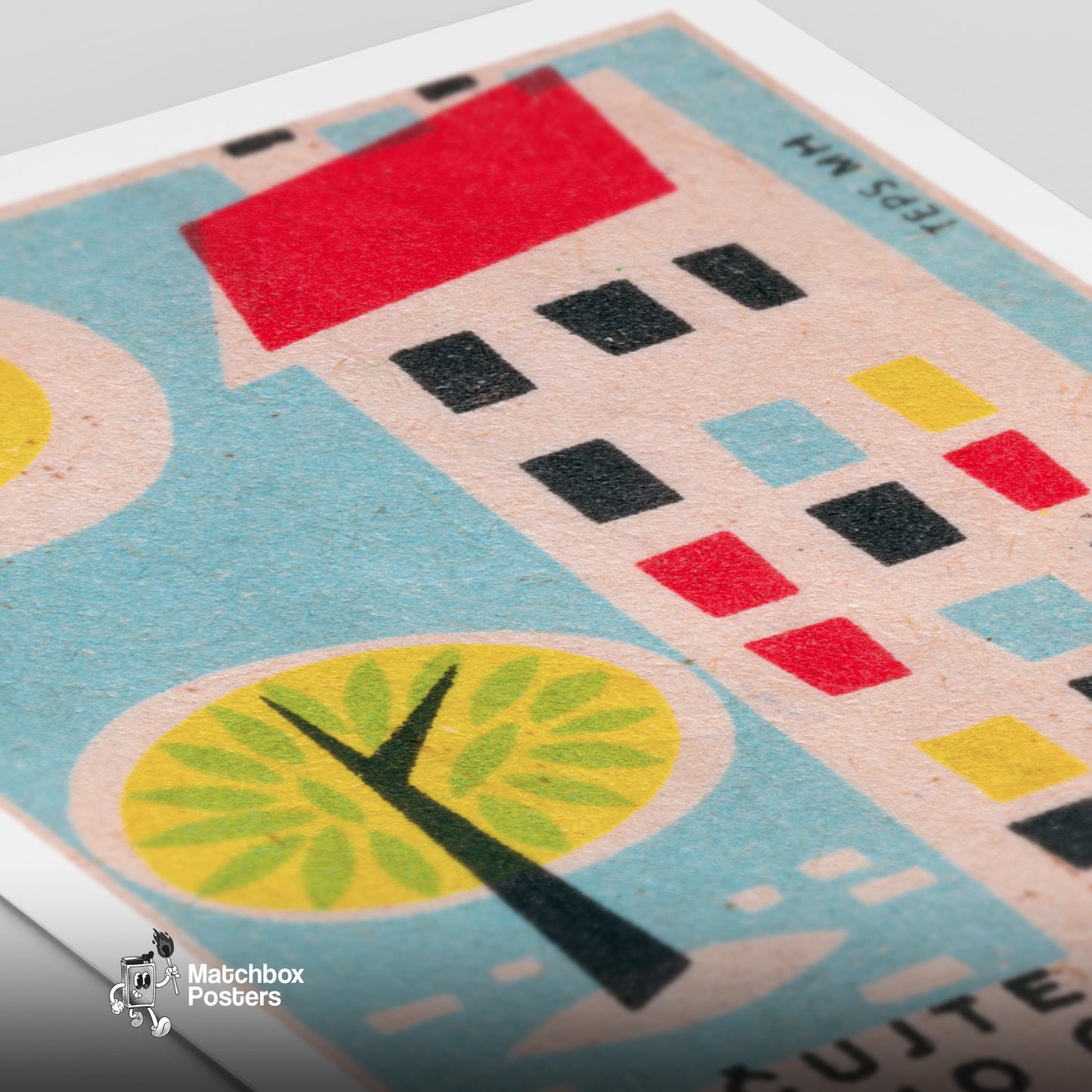 Geometric Tree and Building - vintage matchbox label print - close-up detail