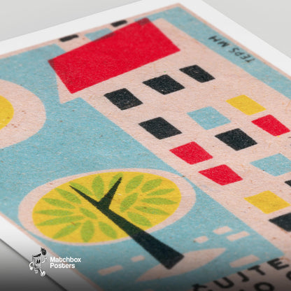 Geometric Tree and Building - vintage matchbox label print - close-up detail