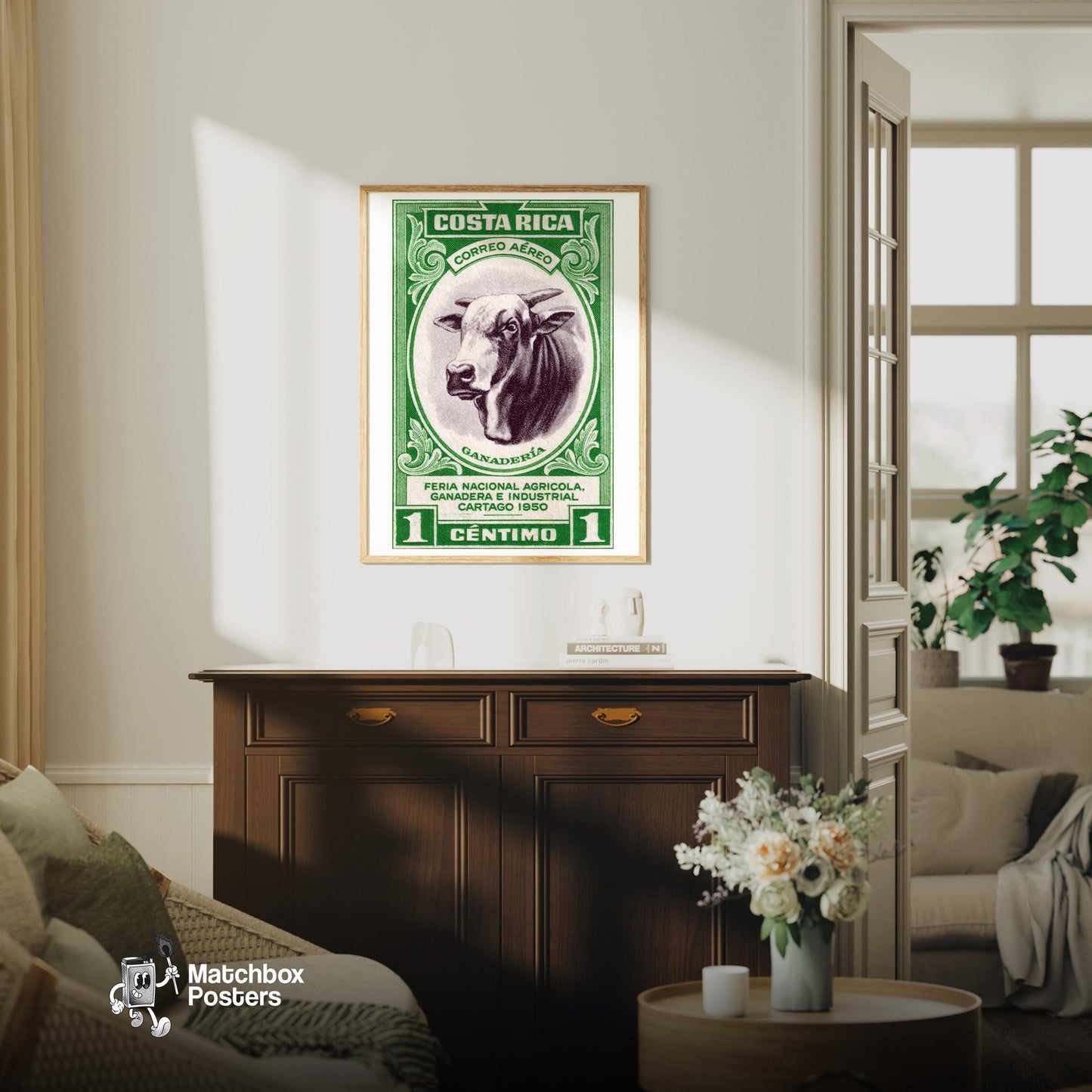 Horned Cow - vintage matchbox label print - living room mockup