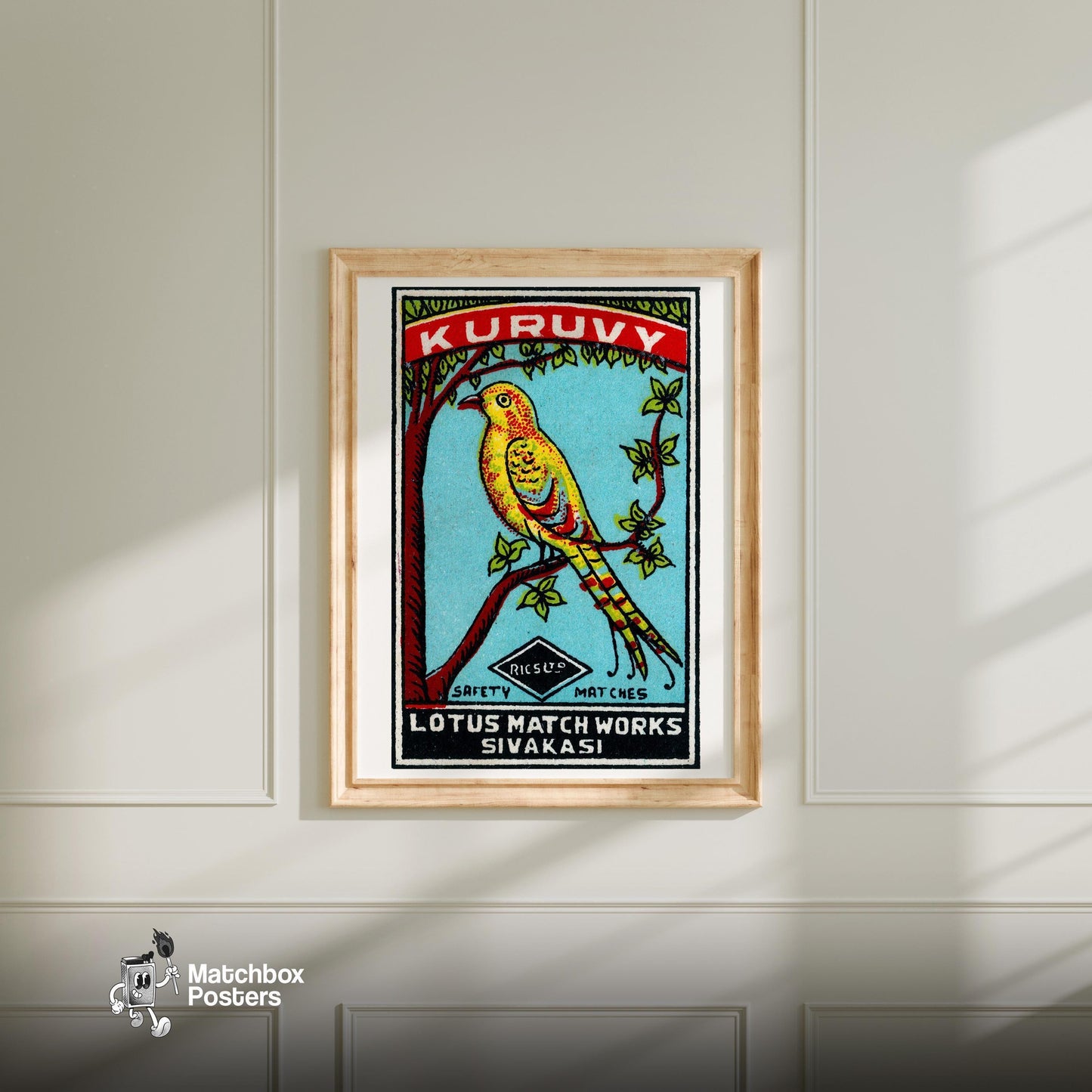 Yellow Bird - vintage matchbox label print - bedroom mockup