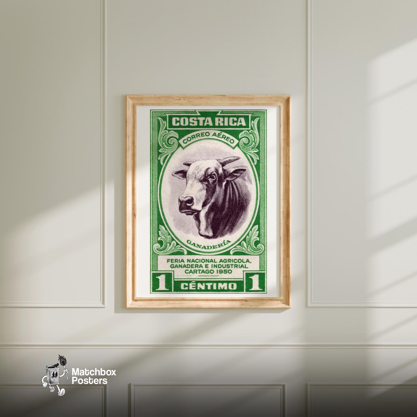 Horned Cow - vintage matchbox label print - bedroom mockup