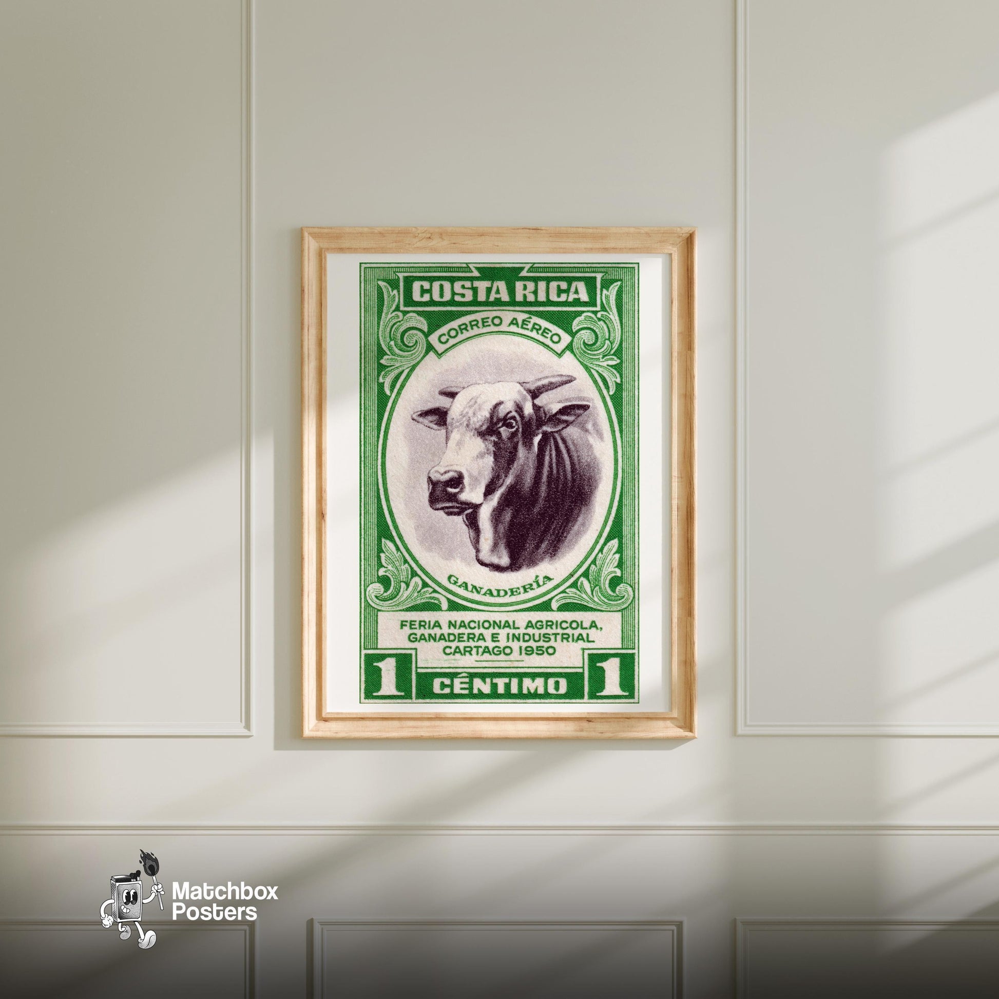 Horned Cow - vintage matchbox label print - bedroom mockup