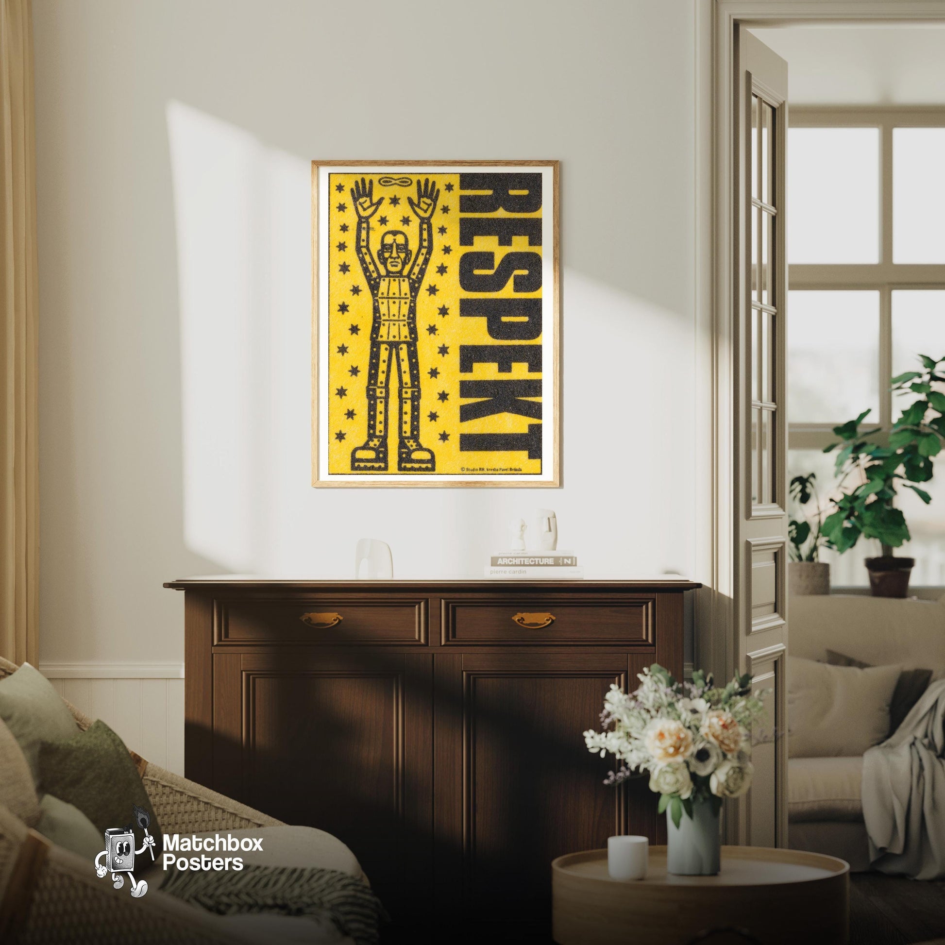 Respect Human Figure - vintage matchbox label print - living room mockup
