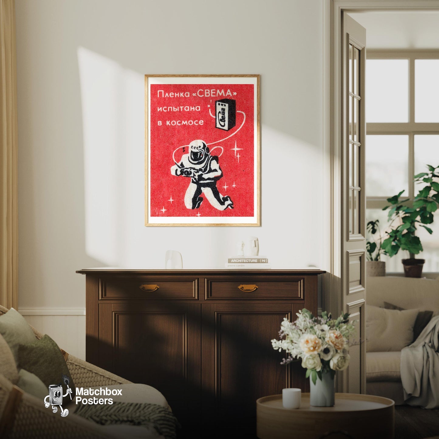 Cosmonaut with Camera - vintage matchbox label print - living room mockup