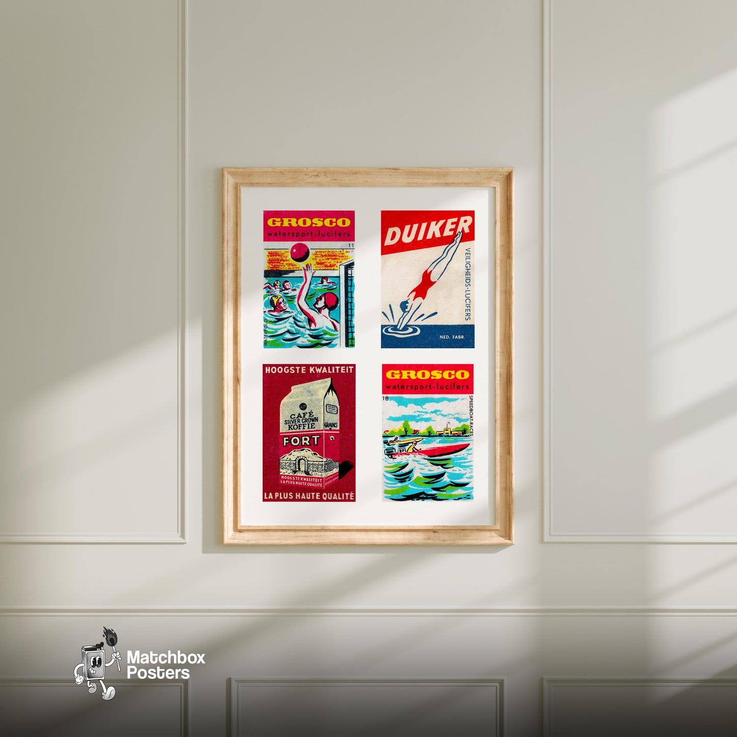 Red Dutchs Grid Print - vintage matchbox label print - living room mockup