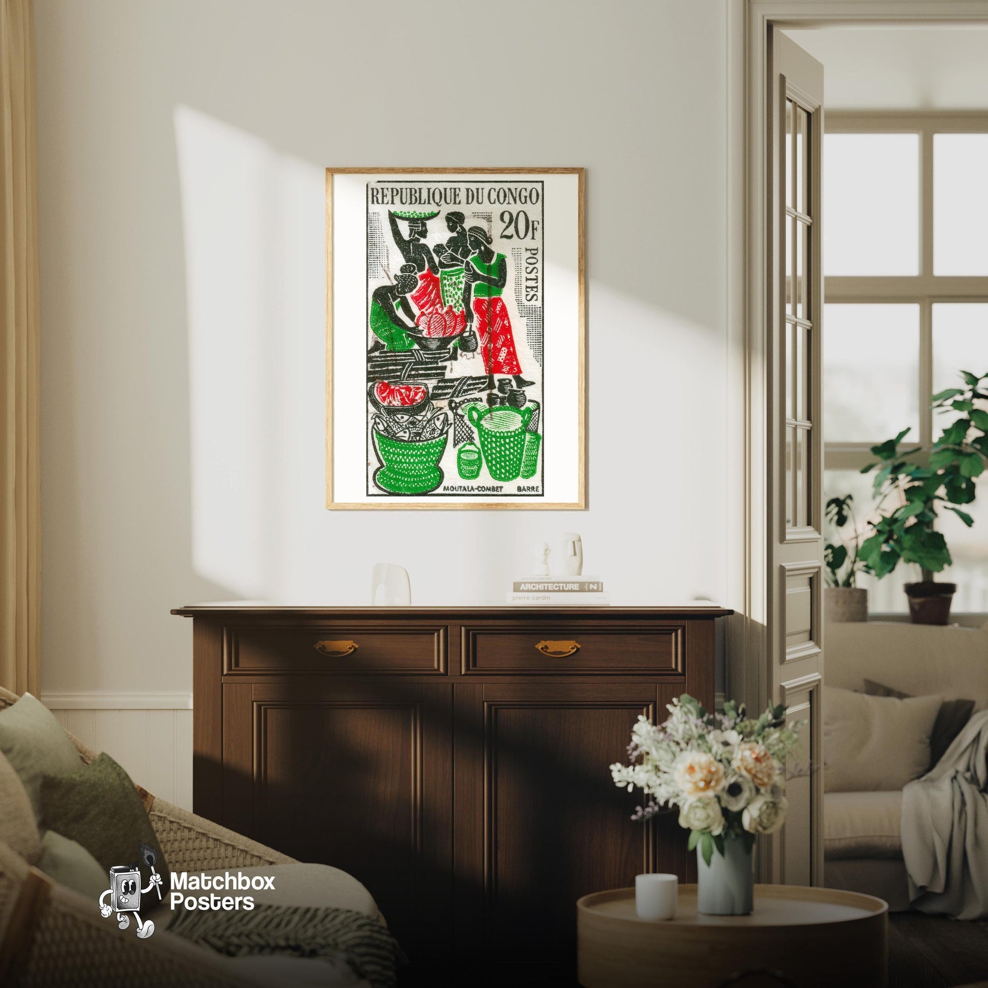 African Market - vintage matchbox label print - living room mockup