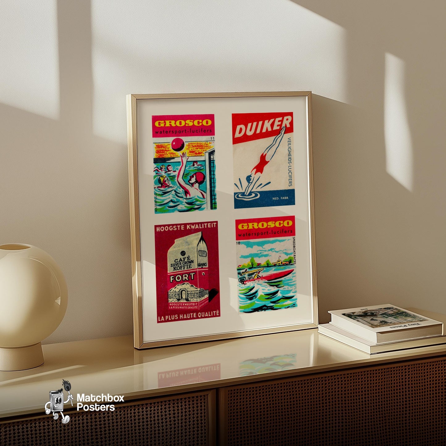 Red Dutchs Grid Print - vintage matchbox label print - bedroom mockup
