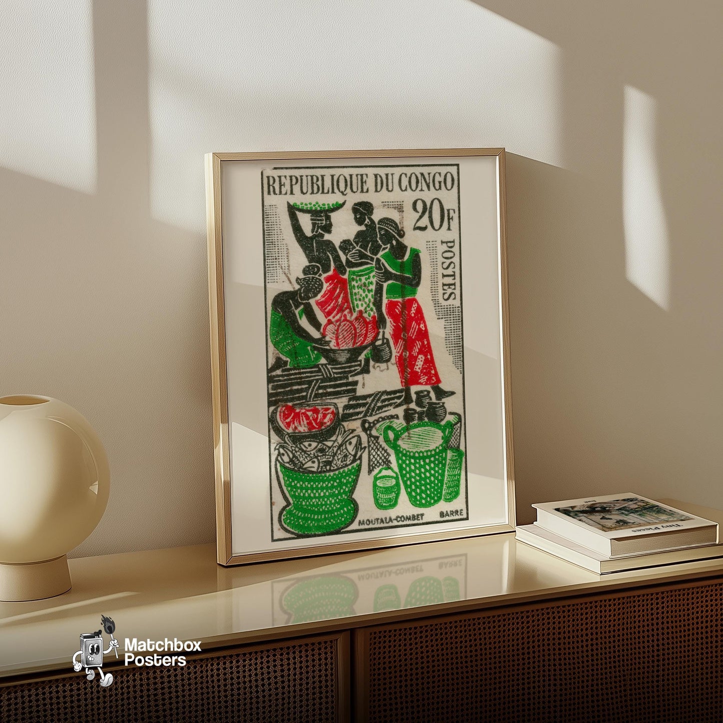 African Market - vintage matchbox label print - size comparison
