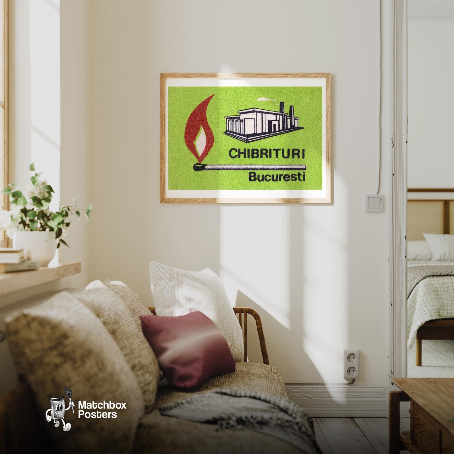 Bucharest Match Factory - vintage matchbox label print - living room mockup