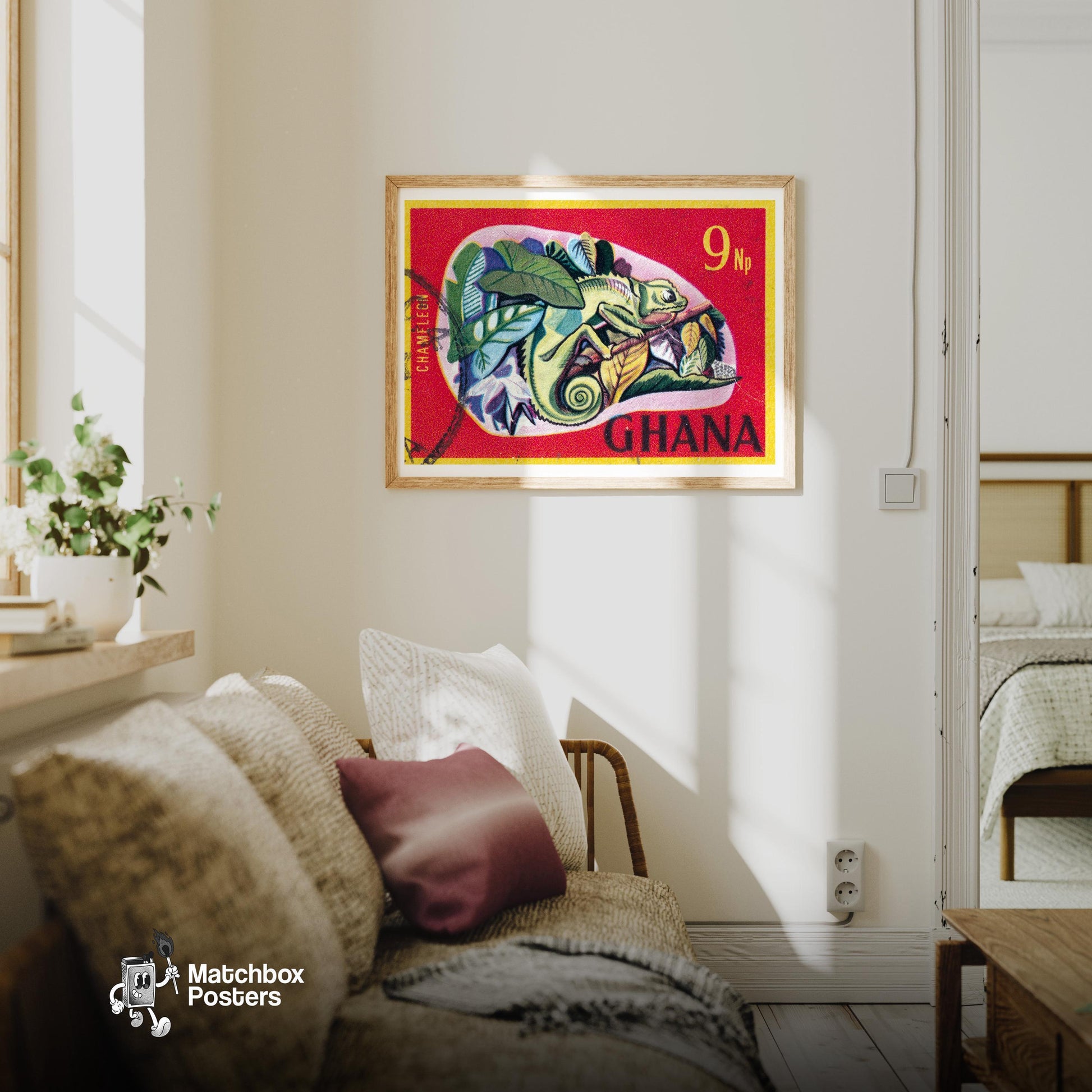 Chameleon - vintage matchbox label print - living room mockup