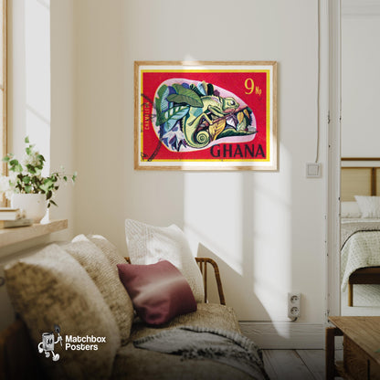 Chameleon - vintage matchbox label print - living room mockup