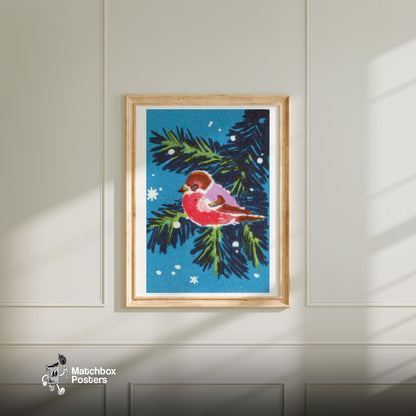 Red Bird - vintage matchbox label print - bedroom mockup