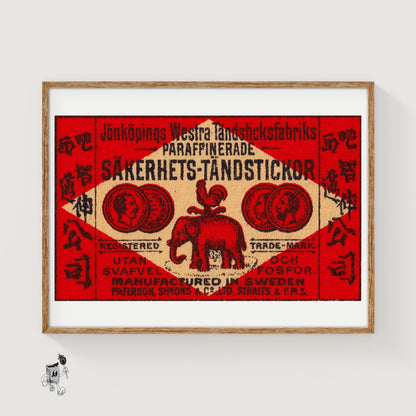 Red Elephant - vintage matchbox label print