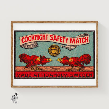 Fighting Roosters - vintage matchbox label print