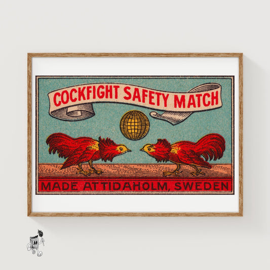 Fighting Roosters - vintage matchbox label print