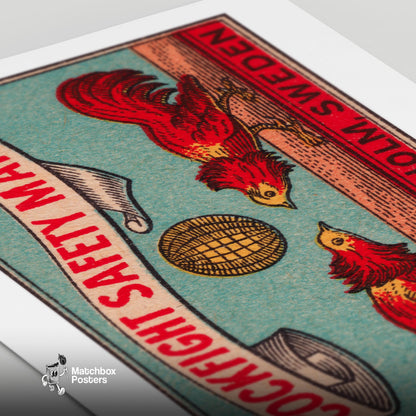 Fighting Roosters - vintage matchbox label print - close-up detail