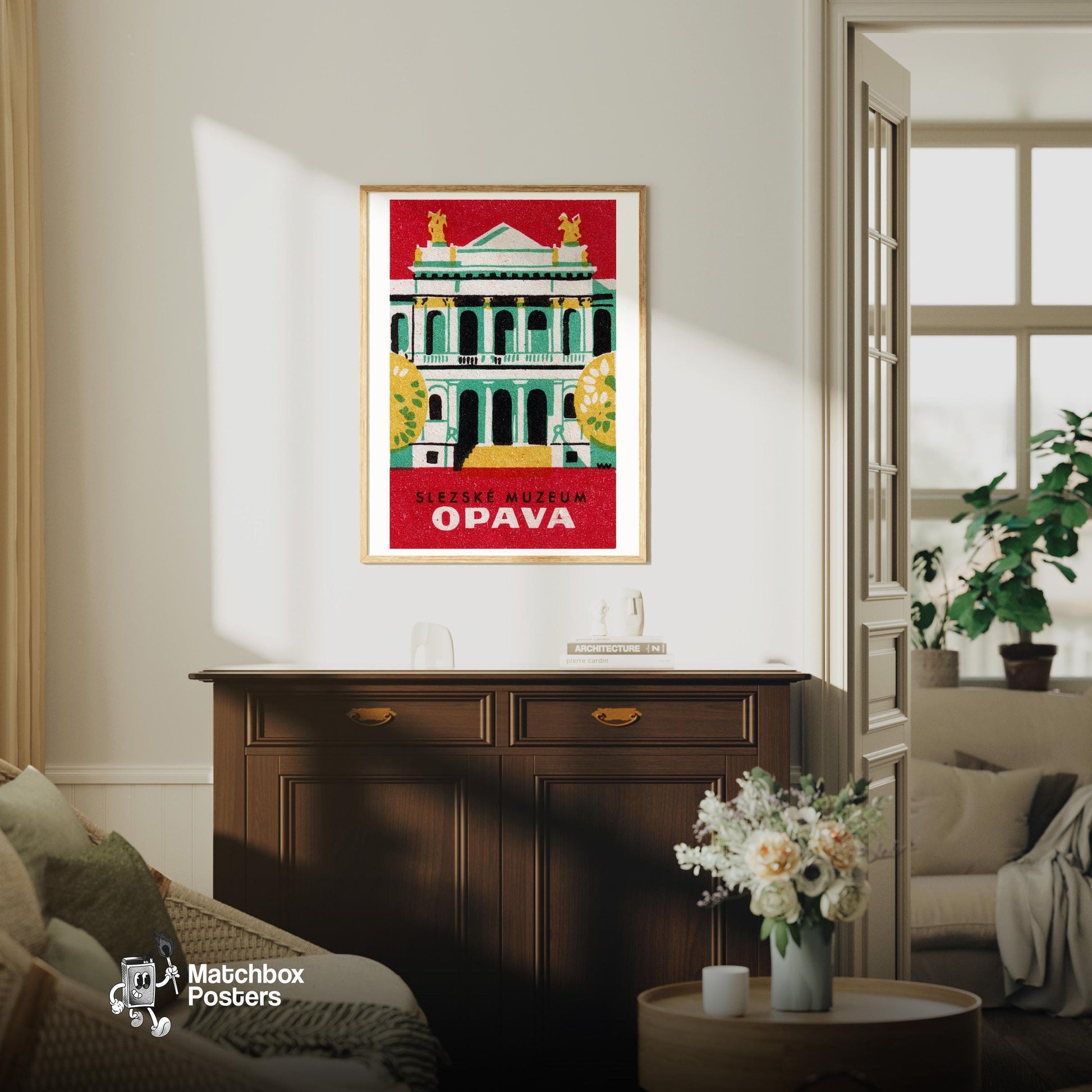 Silesia Museum Opava - vintage matchbox label print - living room mockup