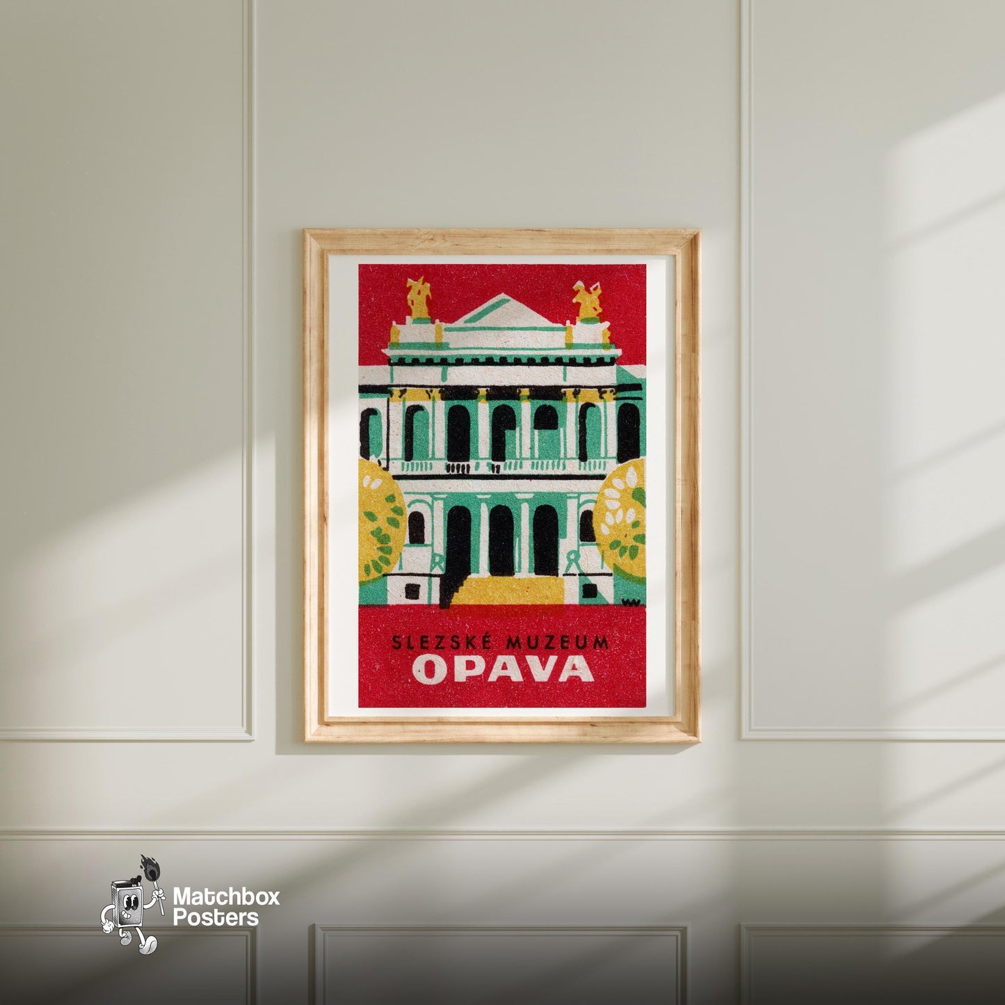 Silesia Museum Opava - vintage matchbox label print - bedroom mockup