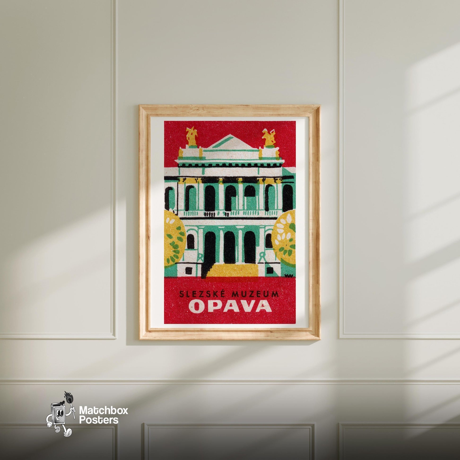 Silesia Museum Opava - vintage matchbox label print - bedroom mockup