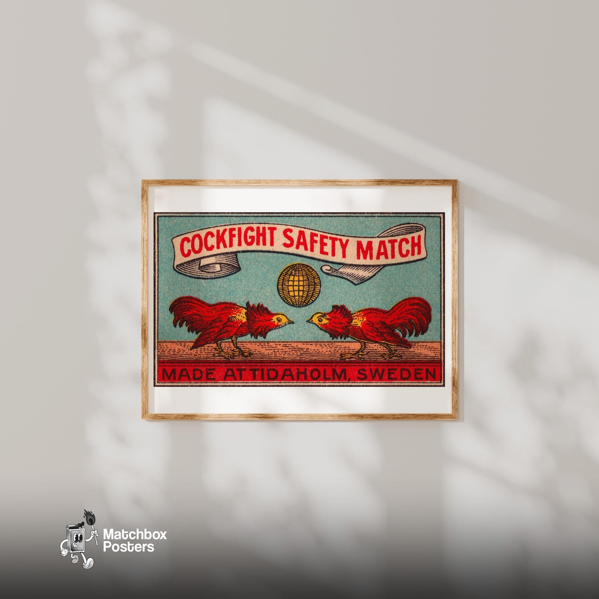Fighting Roosters - vintage matchbox label print - bedroom mockup