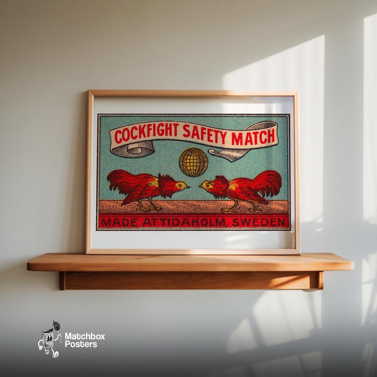 Fighting Roosters - vintage matchbox label print - size comparison
