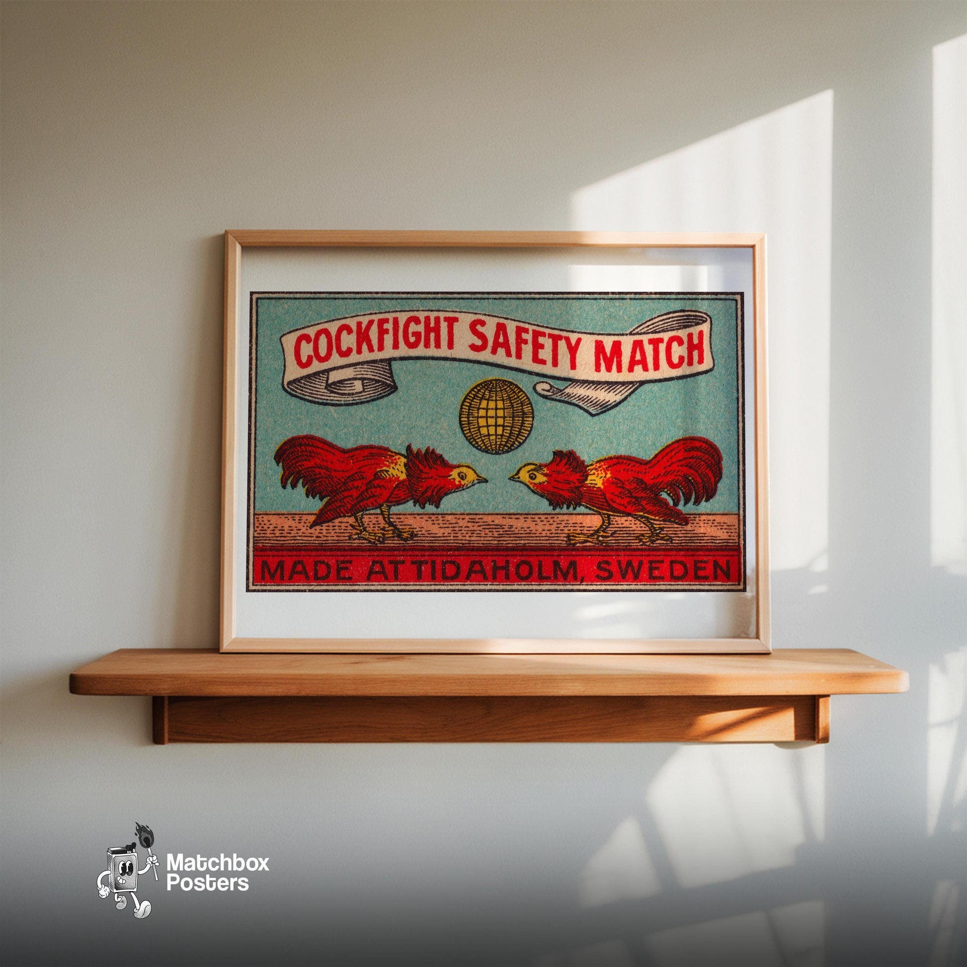 Fighting Roosters - vintage matchbox label print - size comparison