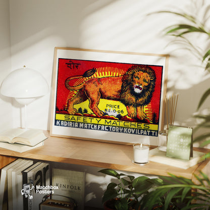 Lion - vintage matchbox label print - office wall
